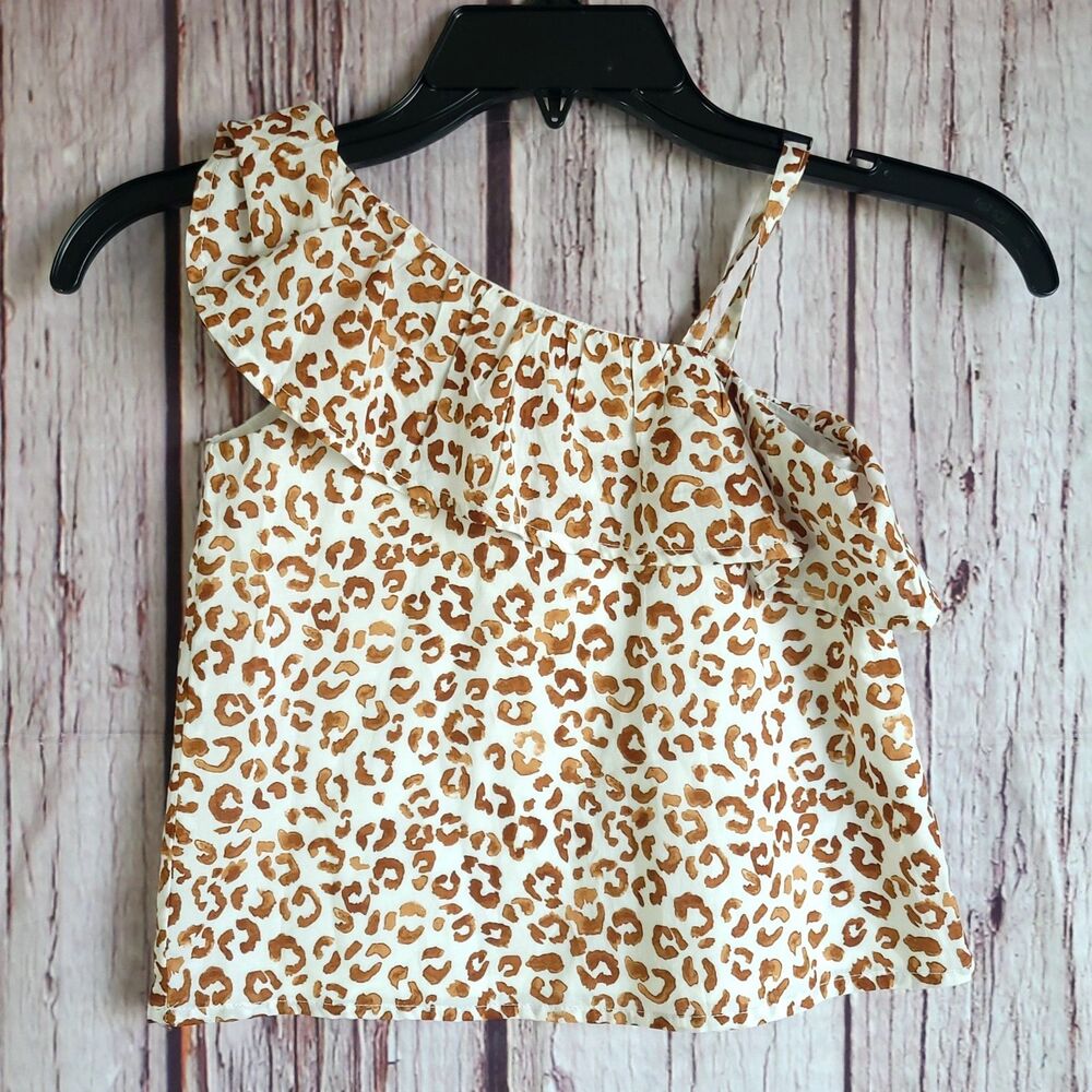 Janie and Jack Girls Size 4 White/Brown Leopard One-Shoulder Sleeveless Top New